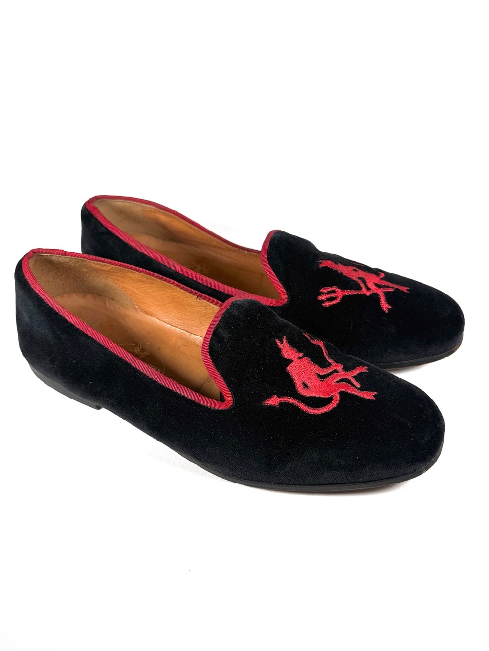 Stubbs & Wootton Devil Embroidered Black Velvet Loafers, Size 8